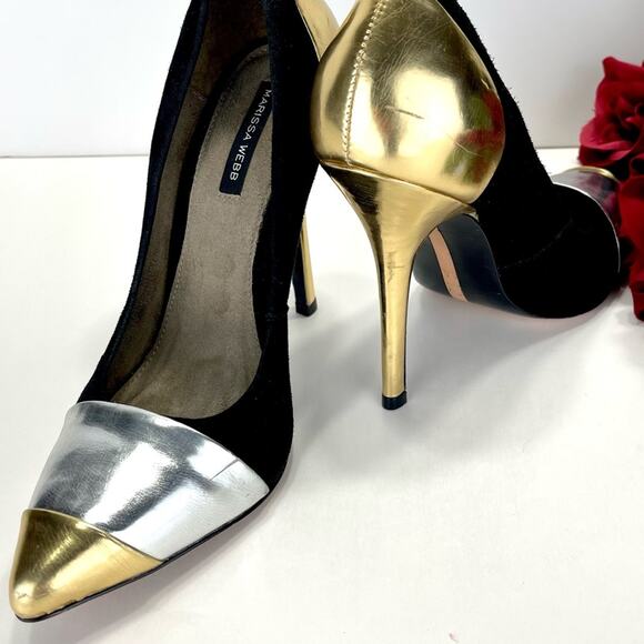 Marissa Webb Stiletto Heel Pump Size 8 Black Gold & Silver Leather Pointed-Toe - Picture 16 of 16